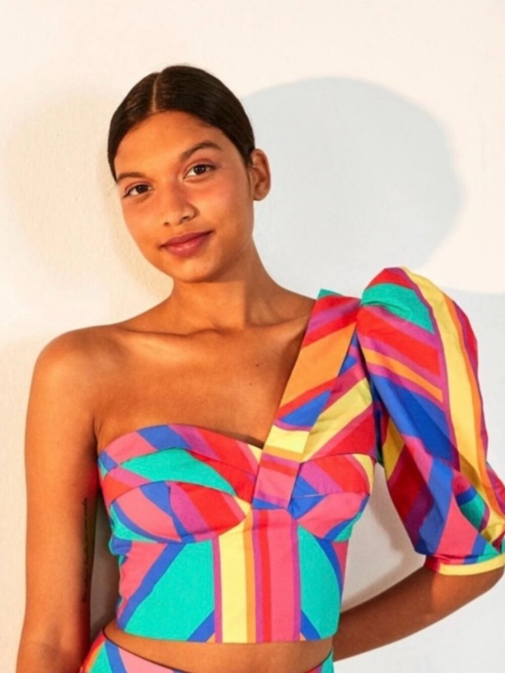FARM Rio Multicolor One-Shoulder Puff Sleeve Bustier Top - Bright Stripe